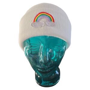 White Beanie with Rainbow and Puffy Clouds Patch | Size OS fits most